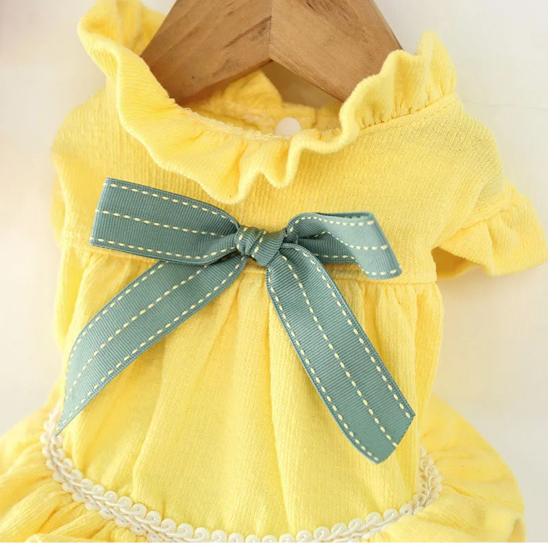 Желтое Плиссированное летнее платье для собак желтое кружевное с высоким