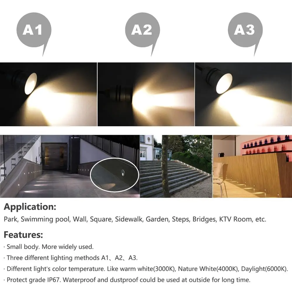 Светодиодный встраиваемый светильник 1 Вт IP67 12 В для улицы A1 A2 A3