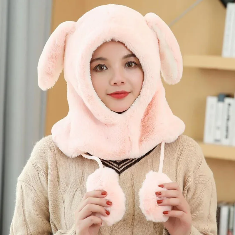 Зимняя Толстая шапка для девочек шарф капюшон с заячьими ушками милые теплые