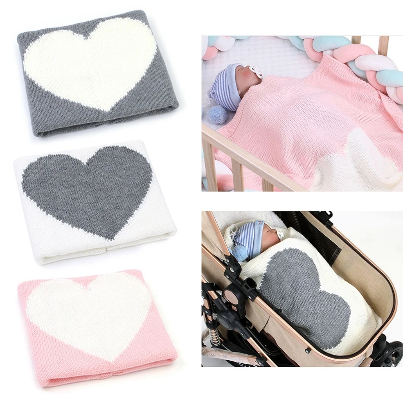 

95x75cm Baby Stroller Crib Knitted Blanket Newborn Toddler Swaddle Wrap Infants Love Heart Warm Bedding Quilts