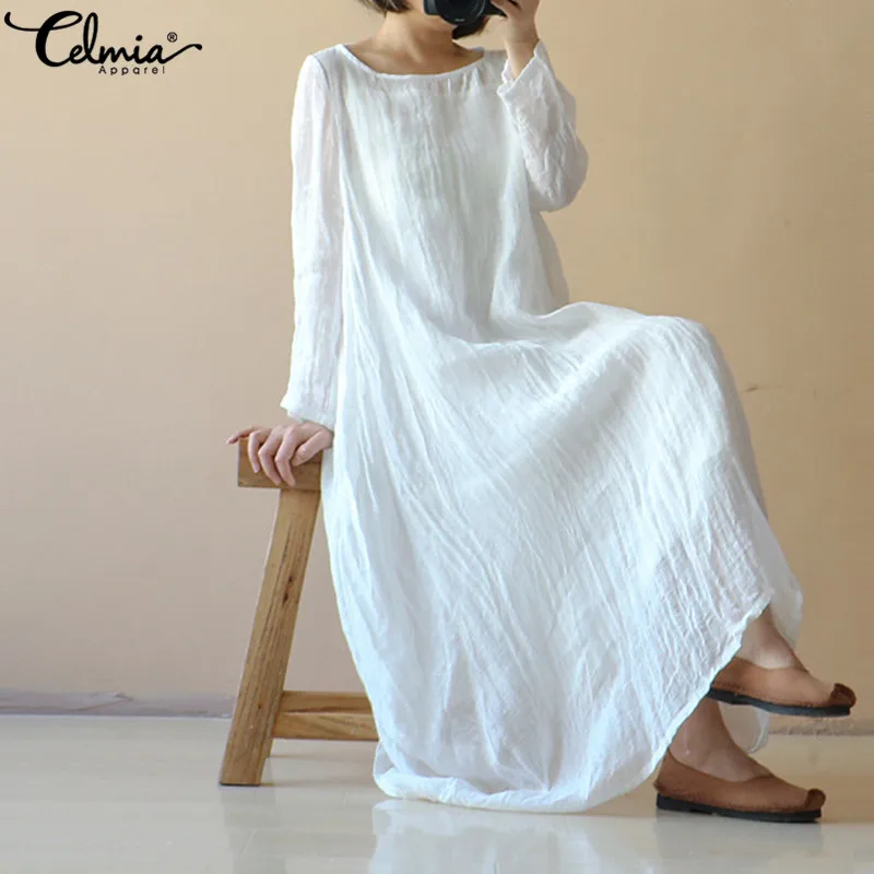 

Women Maxi Dresses 2022 Autumn Linen White Dress Celmia Casual Loose Casual Long Dress Lady Long Sleeve Vestidos Solid Robe