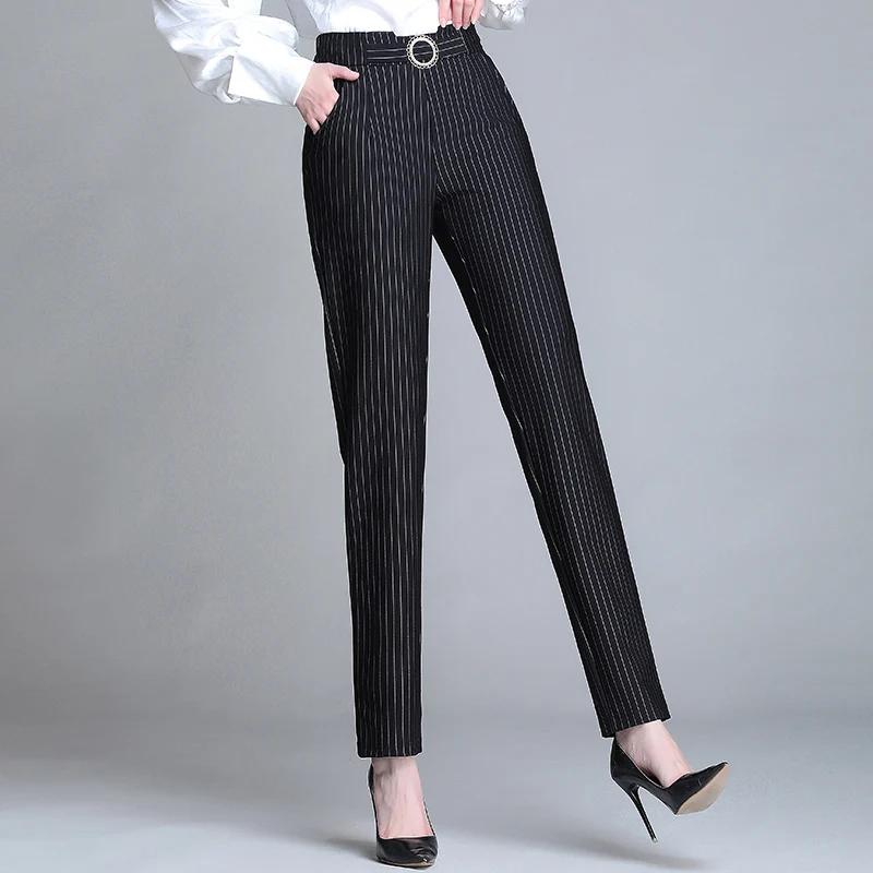 

Plus Size 5XL Spring Winter Women Ankle-Length Harem Pants Elastic Waist Female Pencil Pants Casual Trousers Black Stripes
