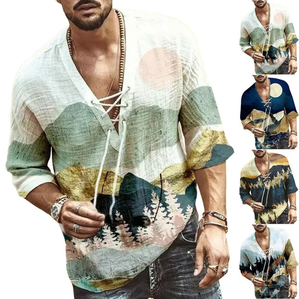 

Men's Loose Printed V-Neck Short Sleeve T-Shirts Summer Casual Drawstring Tops