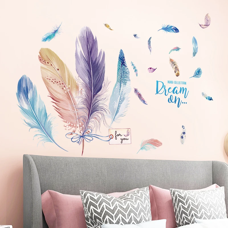 Colorful Feathers Wall Stickers DIY Cartoon Decals for Kids Rooms Baby Bedroom Nursery Home Decoration | Дом и сад