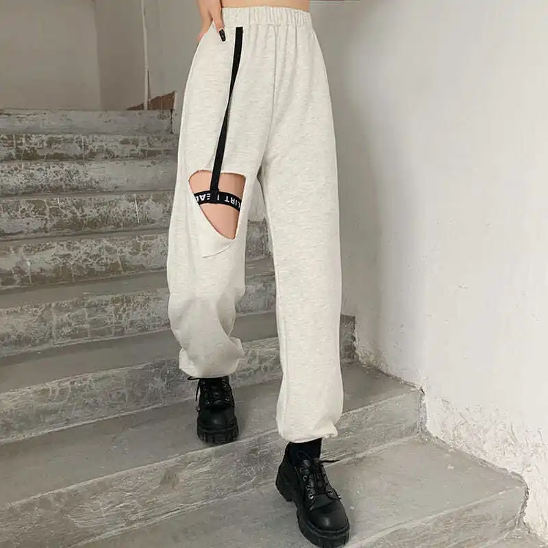 

MINGLIUSILI Hip Hop sweatpants women spring fashion 2021 solid Hole trousers Streetwear High waist Gray Loose women clothing