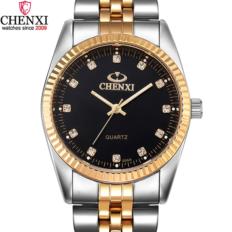 Роскошные мужские часы CHENXI серебряные между золотом Стразы Наручные для