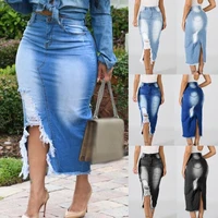 hot sales women fashion high waist ripped split denim distressed jeans bodycon long skirt wholesale dropshipping