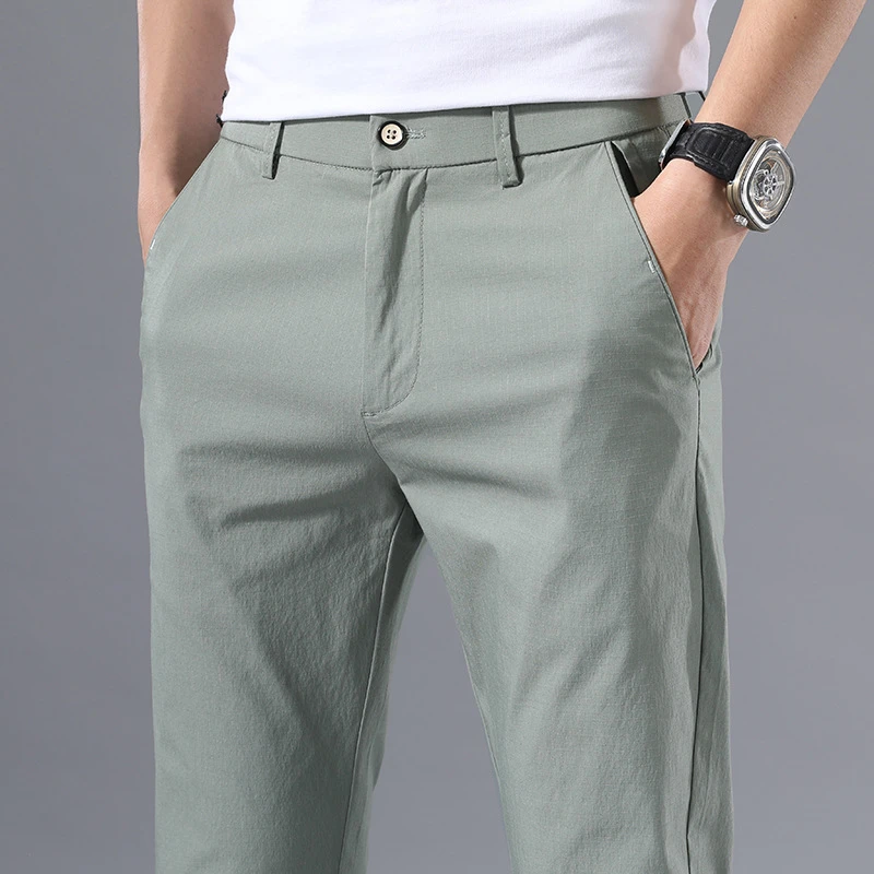 Men Cotton Formal Breathable Trousers Men's Thin Pants Solid Color Pants Smart Casual Business Fit Body Stretch Trousers