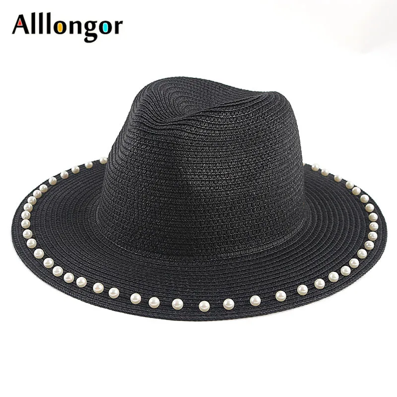 

Straw Hat Women Panama Soft Shaped Summer 2021 Pearl Wide Brim Beach Sun Cap UV Protection Jazz Fedora Hat Sombreros de Mujer