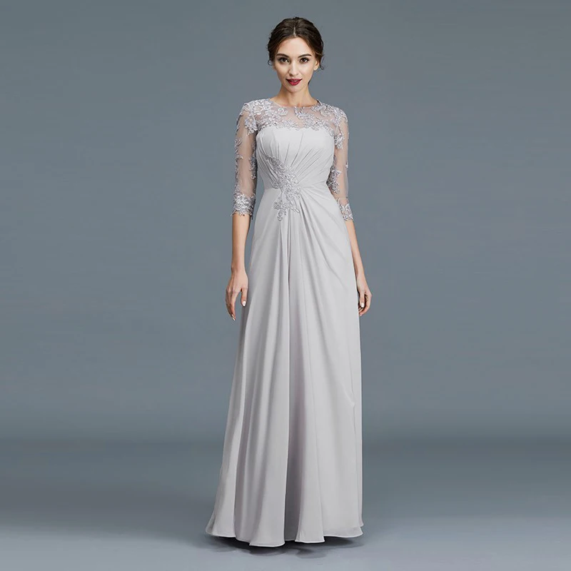 

Charming Affordable Silver Chiffon Sheer Neckline Mother of the Bride Dresses Appliqued Pleated Wedding Party Gowns 3/4 Sleeves