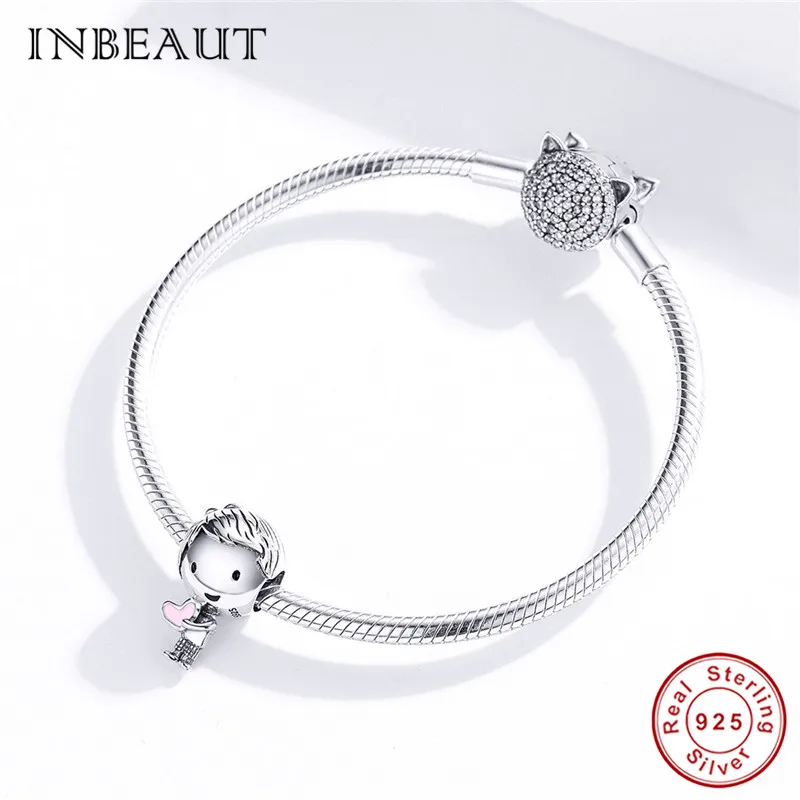 INBEAUT Настоящее 925 пробы Серебряное розовое сердце мальчик Бусины fit Pandora браслет Европейский DIY мужской студенческий талисманы Новое поступление ювелирных изделий