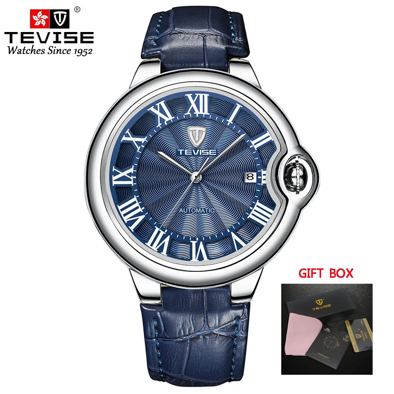 leather blue Tevise мужские часы автоматические механические часы лучший бренд класса люкс золотые водонепроницаемые стальные мужские наручные часы для мужчин Relogio Masculino - Цвет: leather blue