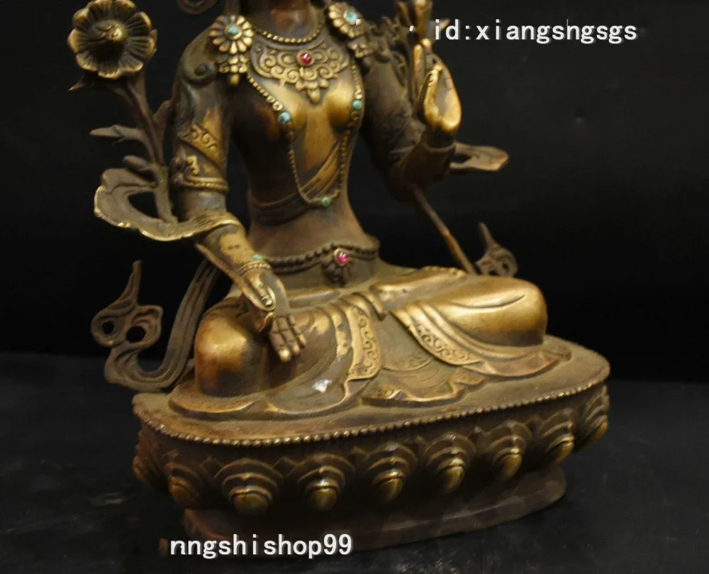 

wedding decoration 11" Old Tibetan Buddhism Bronze Gilt Inlay Gem White Tara Goddess Buddha Statue Christmas