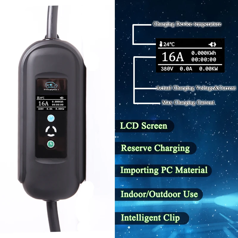 type 2 16a 11kw iec 62196 fast ev charging cable portable with current adjustable ce for electric car 3 phase free global shipping