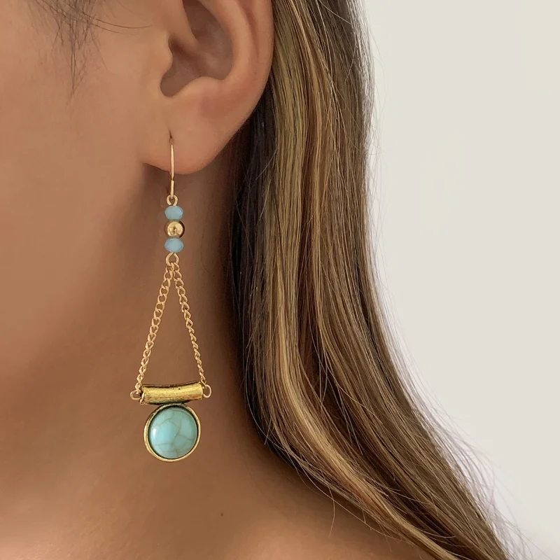 

Women Jewelry Geometric Blue Composite Stone Earrings 2021 New Trend Vintage Temperament Golden Drop Earrings For Party Gifts