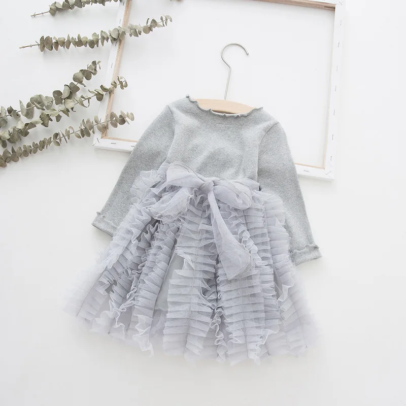 2019 платье для девочек детская одежда с длинными рукавами однотонные хлопковые