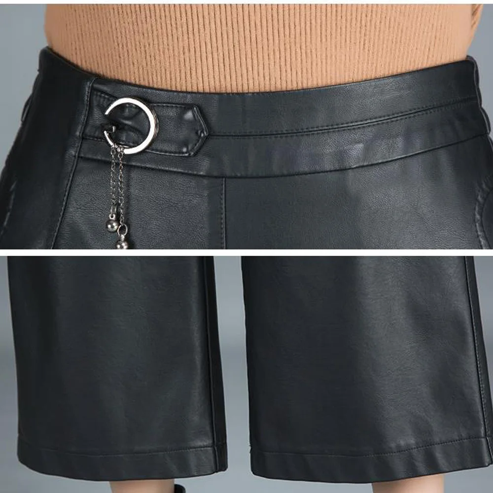 Женская черная юбка из искусственной кожи с широкими штанинами на осень и зиму