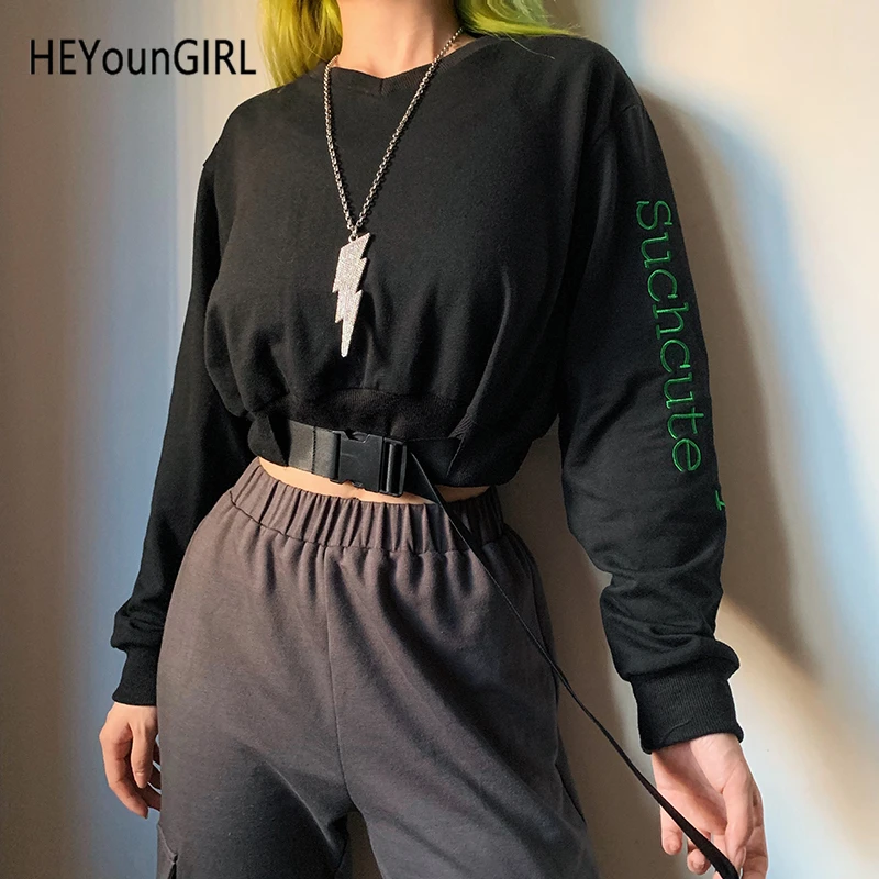 HEYounGIRL вышивка Harajuku черный свитер с пряжкой на шнуровке пуловер с длинными рукавами; готическая обувь в стиле «панк»; Повседневное женские толстовки с капюшоном; сезон осень