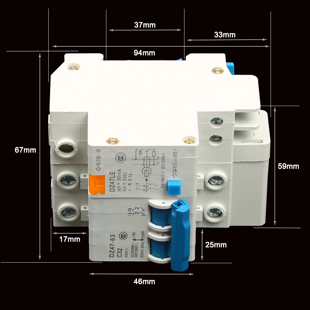 DZ47LE-63-2P 10A-25A 32A-63A 400 в мини-выключатель домашней электросети электрическая утечка