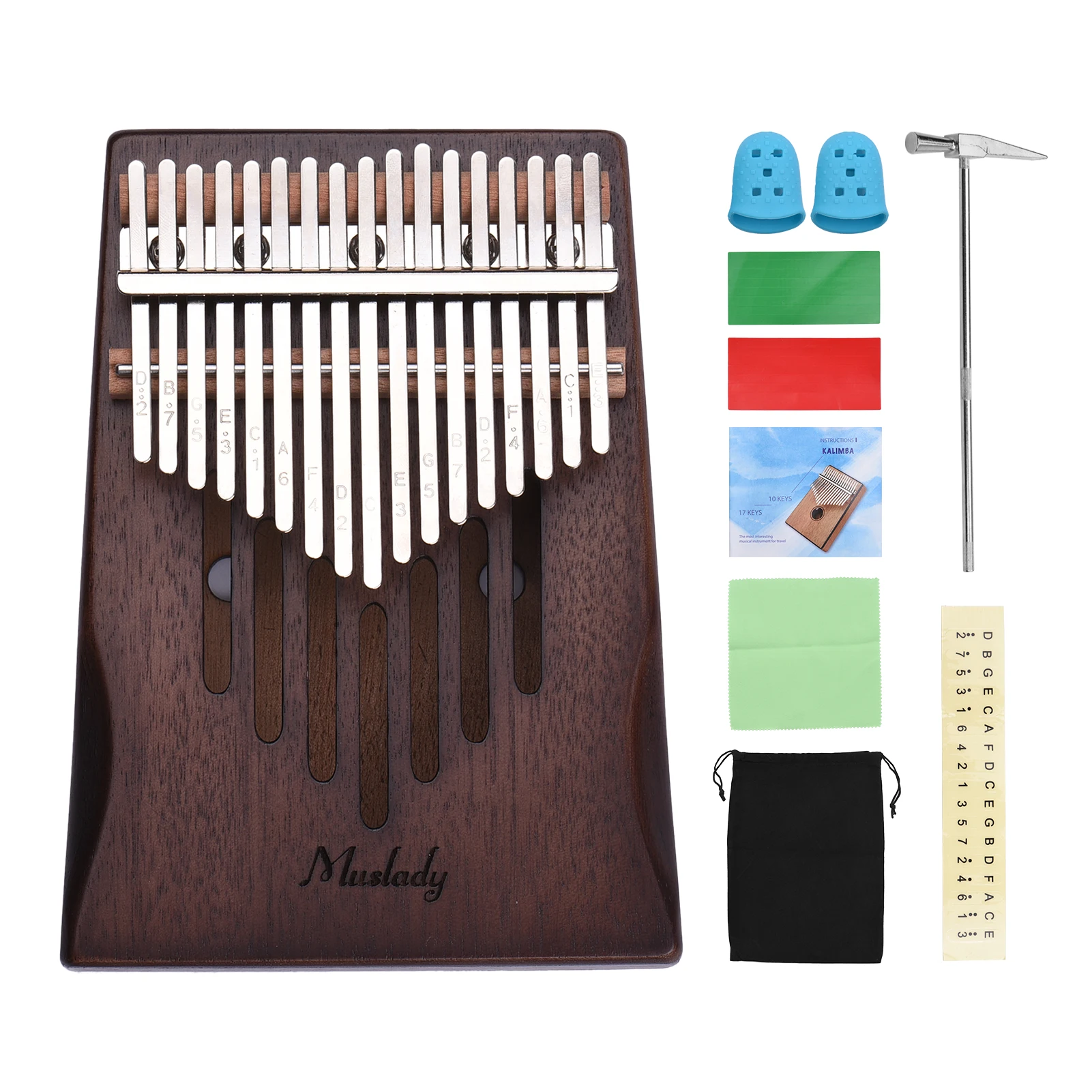 

Muslady 17-Key Solid Wood Kalimba Finger Piano Thumb Piano with Tuning Hammer Wipe Cloth Notes Sticker