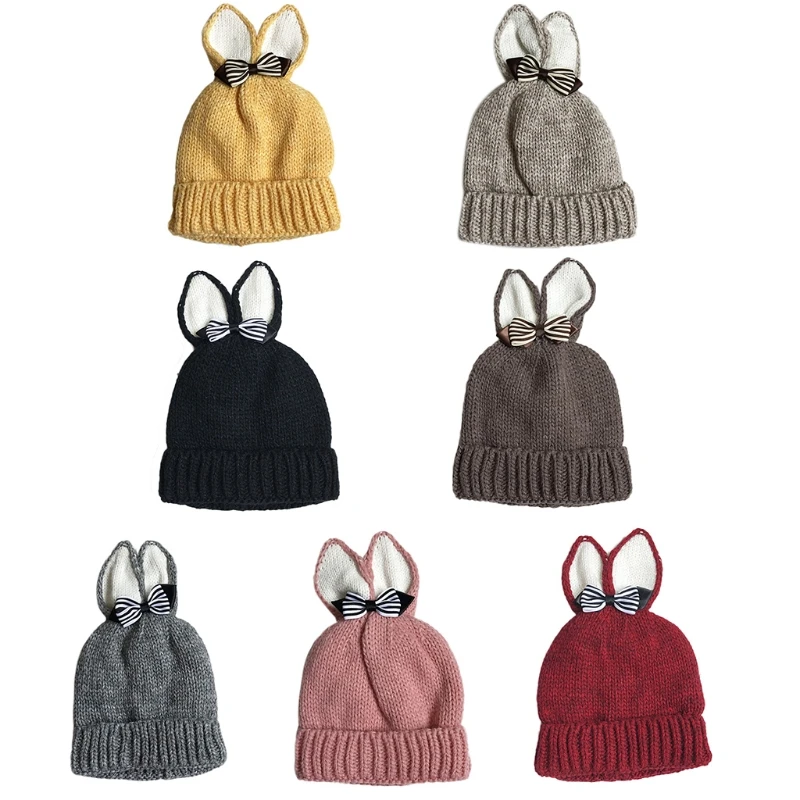 

Baby Kids Winter Knit Beanie Hat Bunny Ears Bowknot Plush Lined Warm Skull Cap T8NB
