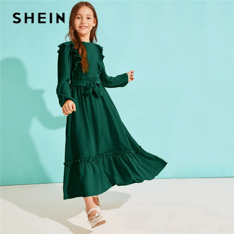 SHEIN Kiddie/однотонное платье с оборками на подоле для девочек с поясом; коллекция года; сезон осень; милые детские макси платья с высокой талией на молнии сзади