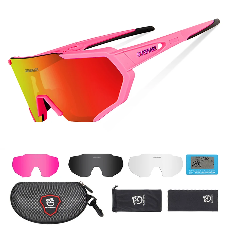 4 Lens Pink Red QUESHARK, дизайн, очки для велоспорта для мужчин и женщин,, полностью покрытые линзы, UV400, поляризационные, 3 или 4 линзы, всего - Цвет: 4 Lens Pink Red
