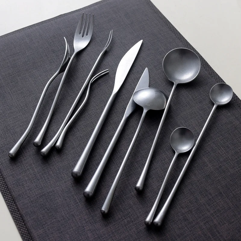 

Vintage 304 Stainless Steel Dessert Fork Matte Grey Tableware Dessert Fork Steak Knife Teaspoon Coffee Spoon Kitchen Dinnerware