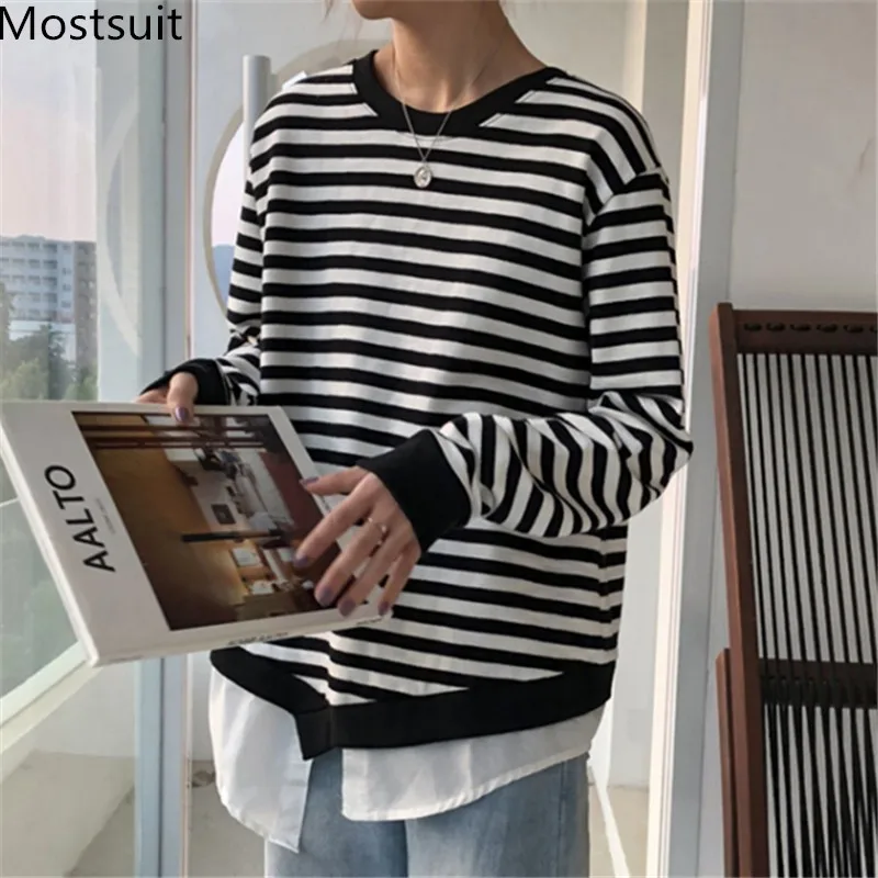 

Fake Two Pieces Striped Women Sweatshirt Full Sleeve O-neck Casual Fashion Pullover Korean Loose Female Women Tops Sweatshirt