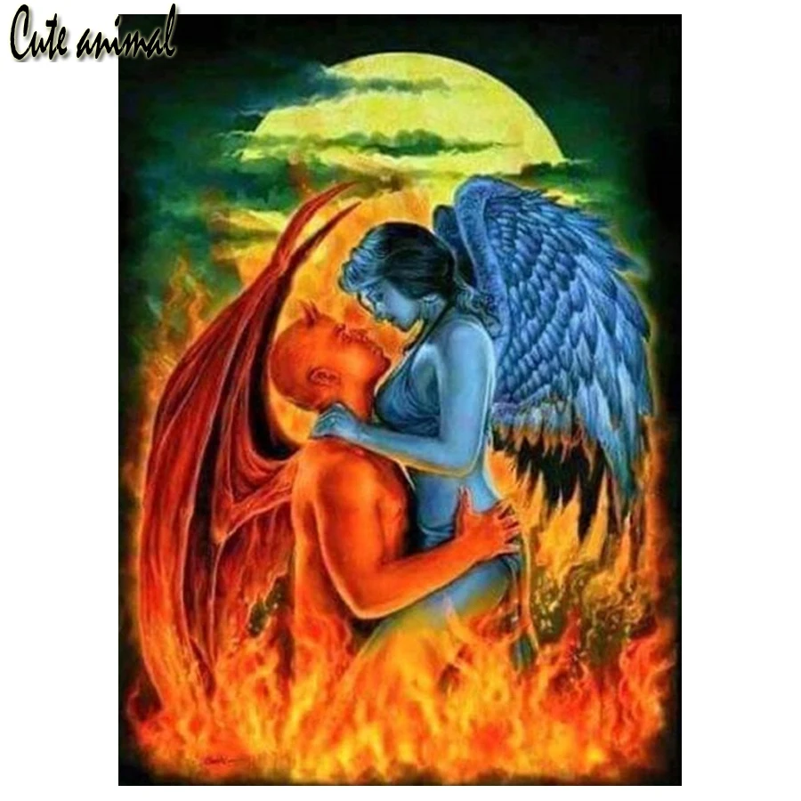 

Картина из страз 5D с изображением влюбленных ангелов, пламя, квадратная, круглая, алмазная вышивка, украшение для комнаты пары