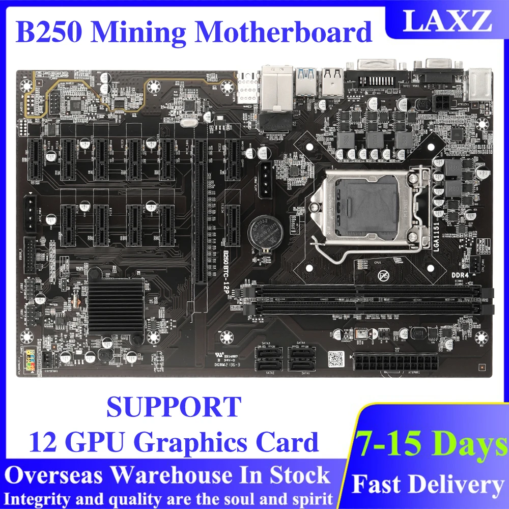 

Материнская плата B250 для майнинга PCIe X1 PCI-E X16 LGA 1151 DDR4 SATA USB3.0 VGA DVI-I для 12 графических карт GPU BTC ETH Miner Rig