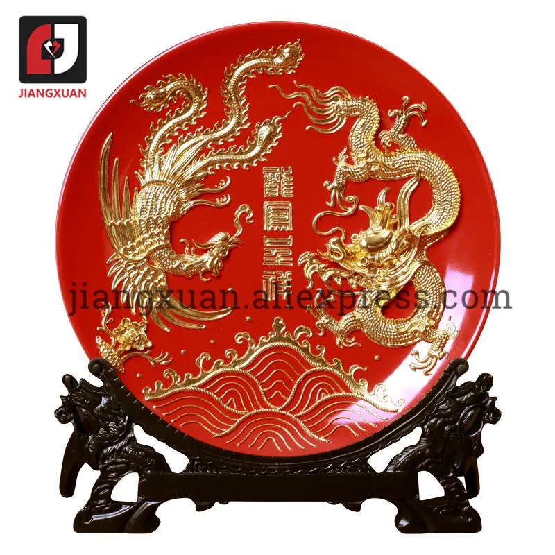 

24k Золотые декоративные тарелки 8 дюймов Дракон и Феникс позолоченная красная фарфоровая тарелка древние ремесла для свадьбы