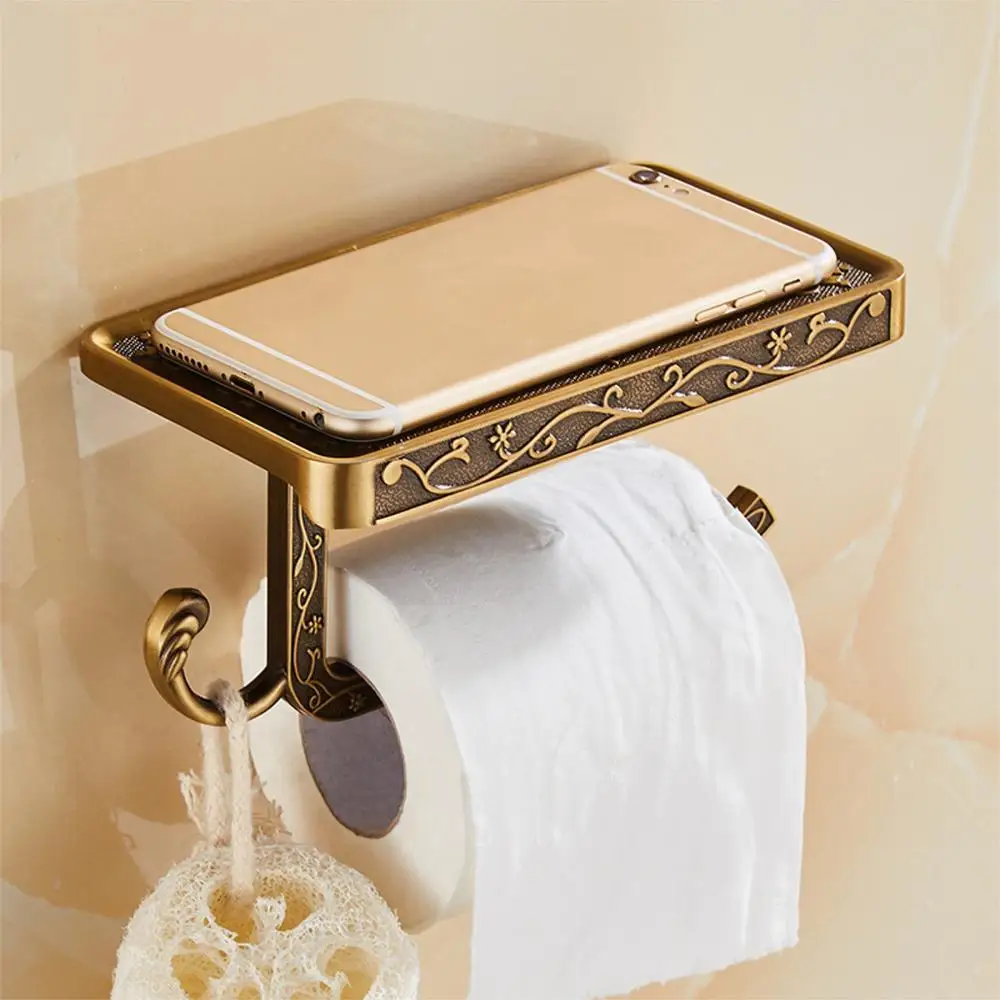 

Antique Carved Zinc Alloy Bathroom Paper Mobile Phone Holder With Shelf Toilet Paper Holder Bathroom Towel Rack Tissue Boxes