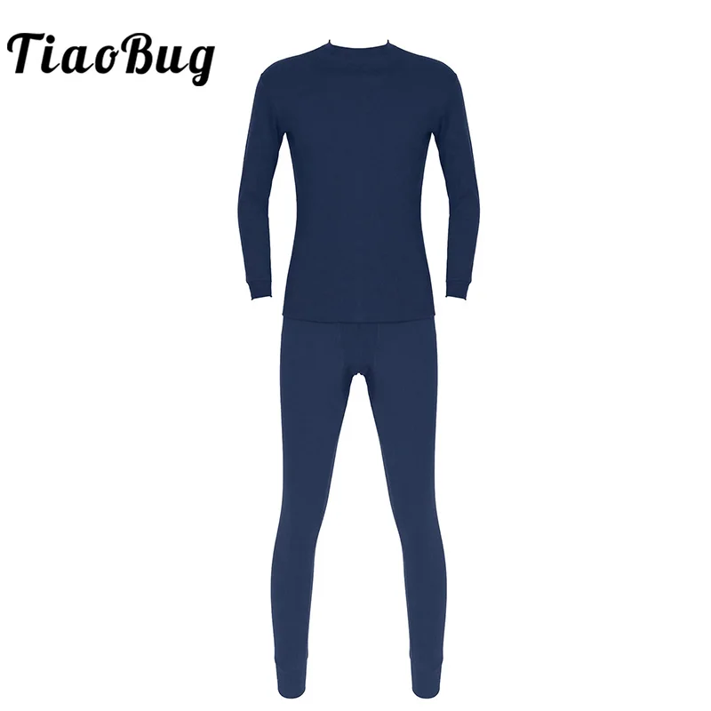 

Men Solid Color Thermal Underwear Sets Winter Crew Neck Long Sleeve Tops with Elastic Waistband Pants Male Pyjamas Long Johns