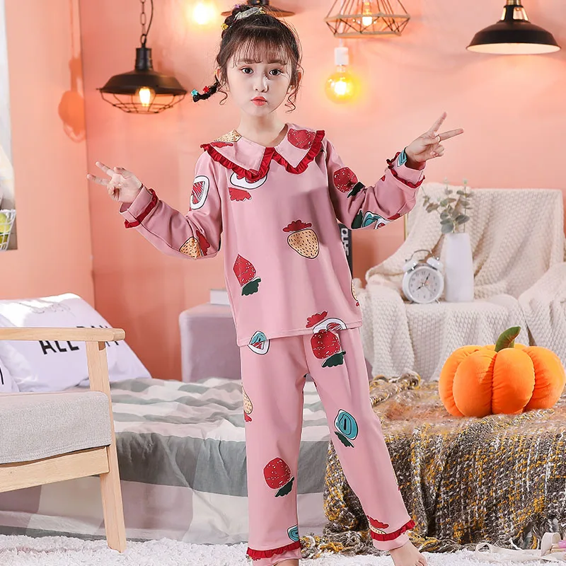 

Sailor Collar Pajamas For Kids Children Long Sleeve Sleepwear Set Baby Girl Princess Nightwear Fruits Pijamas Kids Clothing Suit