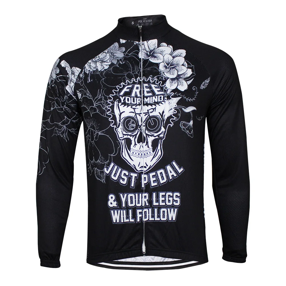 HIRBGOD 2020 New Men Black Cycling Jersey White Skull Flower Print Bike Shirt Lightweight Team Long Sleeve Jackets MT072 | Спорт и