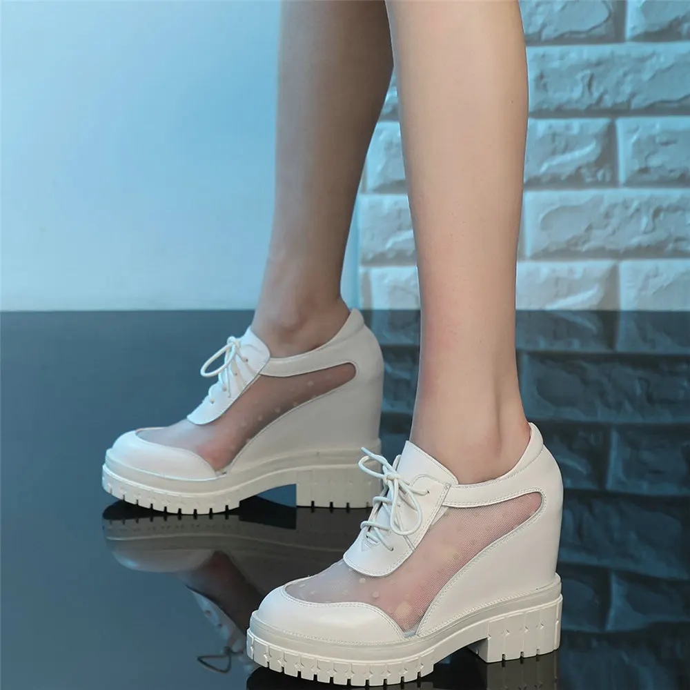 Summer Fashion Sneakers Women Genuine Leather High Heel Ankle Boots Female Breathable Lace Round Toe Platform Pumps Casual Shoes