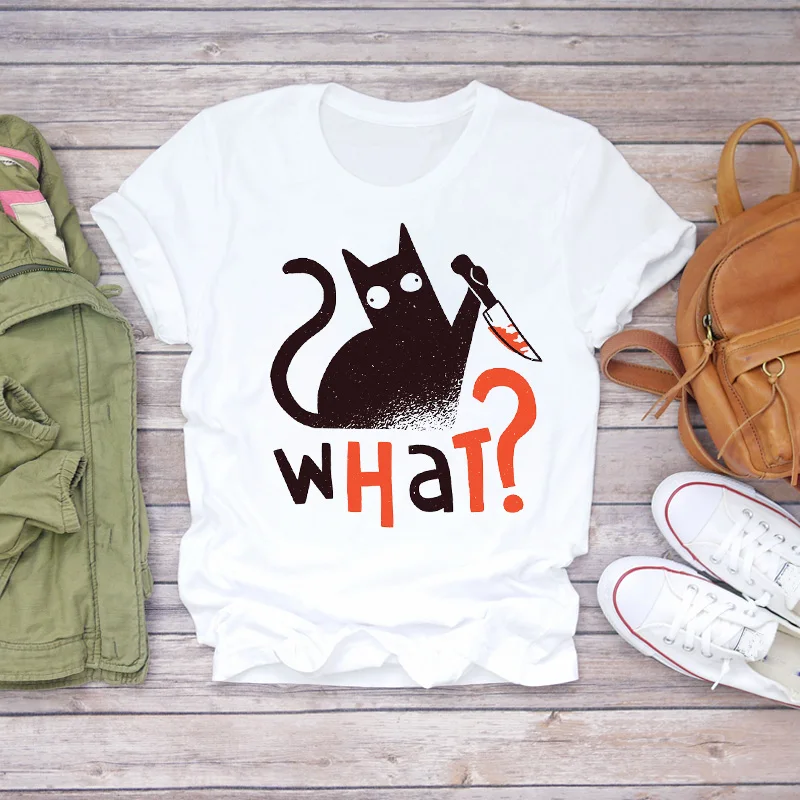 

Women Cartoon Cat Funny Summer Fall Animal Halloween Print Lady T-shirts Top Womens Graphic T Shirt Ladies Female Tee T-Shirt