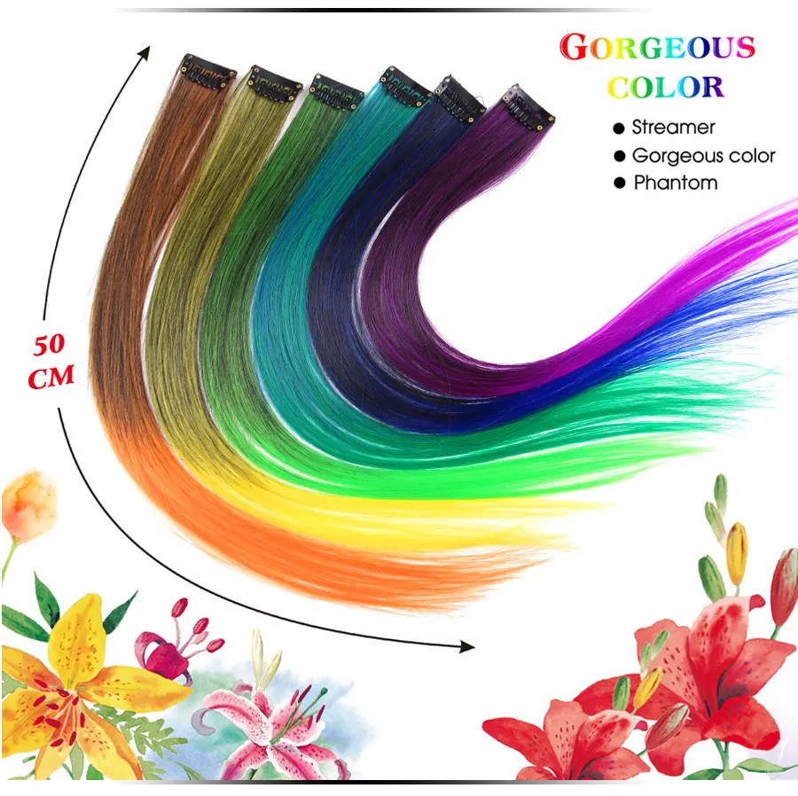 57Color Ombre Hairpiece Clip On Synthetic Fiber Straight Hair Extensions In Extension Strands Hairpins Rainbow | Шиньоны и парики