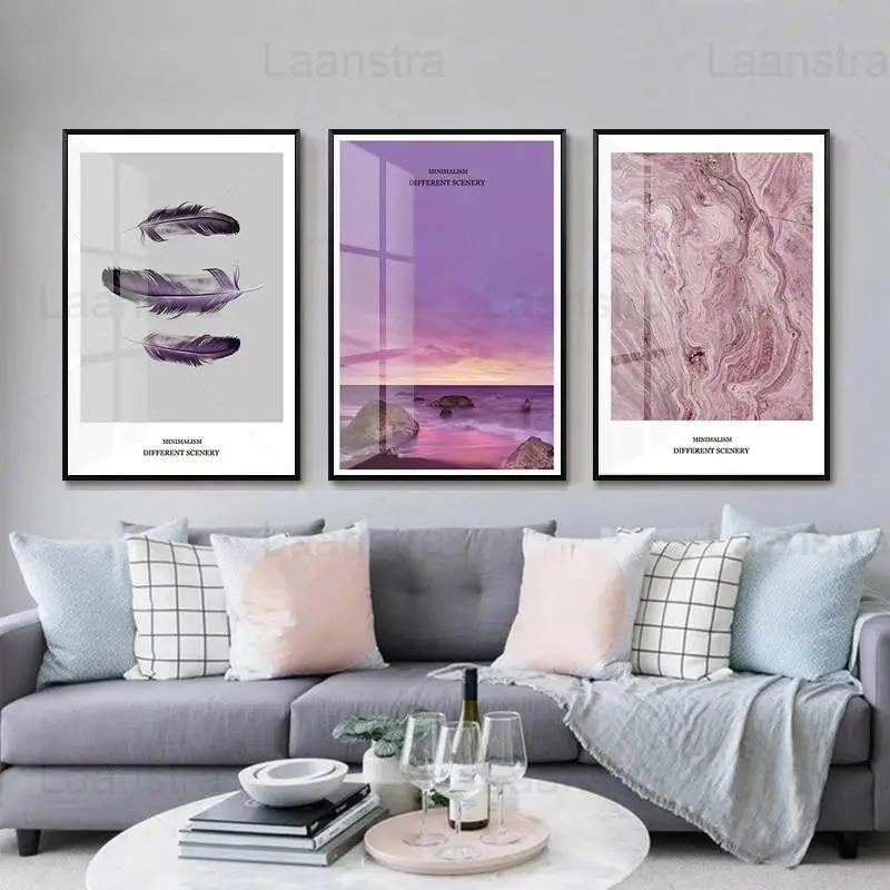 

Nordic Purple Poster Minimalist Different Scenery Feather Sky Seascape Quicksand Canvas Painting Wall Artist Home Decoration Liv