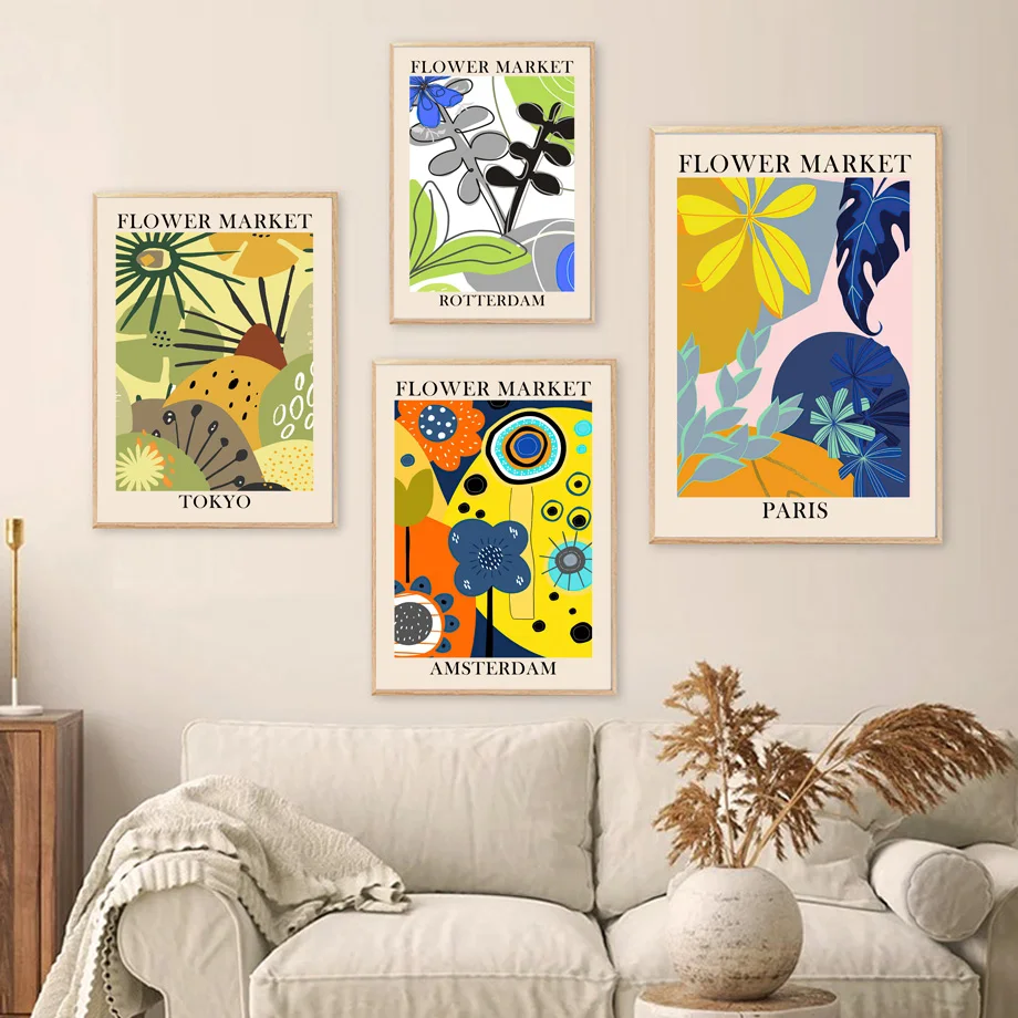 Винтажные плакаты и принты красочные цветы листья рынка Париж Картина на холсте