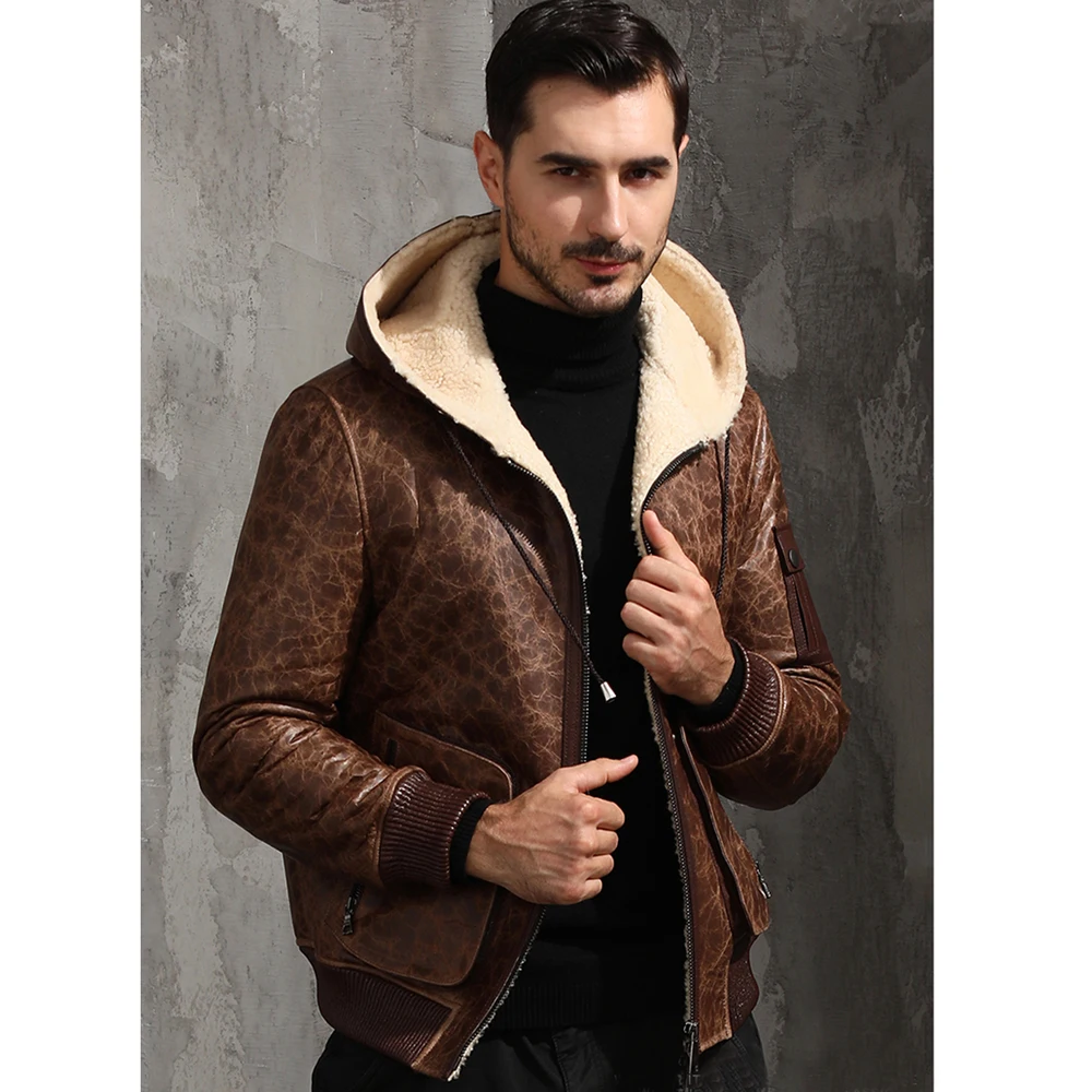 Мужская куртка из овчины с капюшоном Повседневная теплая зимняя цвета