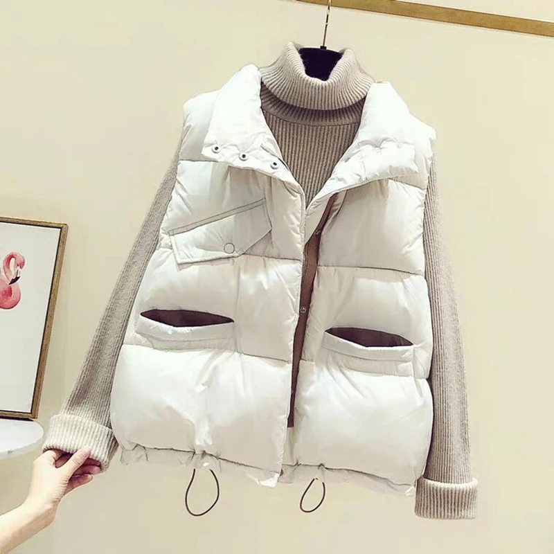 

2021 Cotton Winter Down Vest Women Harajuku BF Loose Thick Short Waistcoat Jacket Outerwear Zipper Sleeveless Vest Jacket