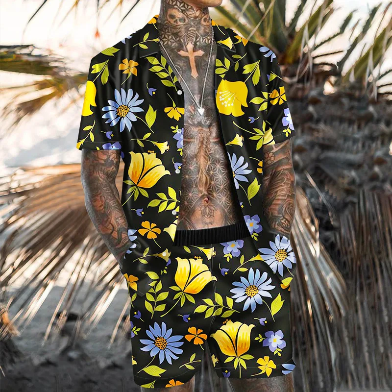 

Hawaiian Mens Sets Printing Summer Short Sleeve Button Shirt Beach Shorts Streetwear Casual Mens Two Pieces Suit