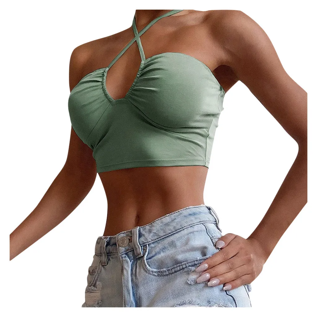 Женский летний однотонный модный Топ с бретельками на шее сексуальный жилет