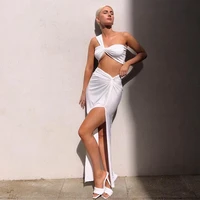 sexy crop top side split long skirts two piece set women twist one shoulder 2 piece sets summer white party clothes 2020