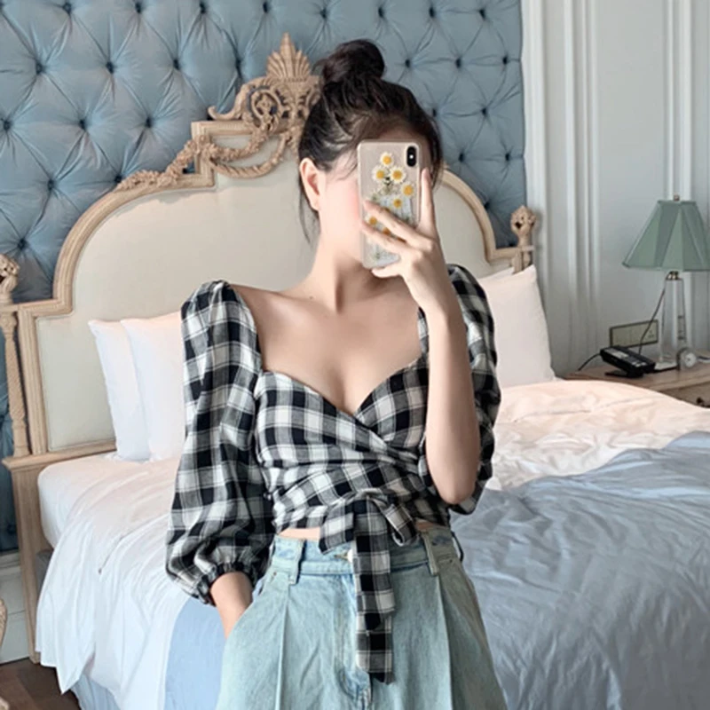 

New Plaid Long Sleeve Crop Top Women Clothing Summer Ins Hipster Low-cut Tees Sexy Bow Bandage T Shirts Square Collar Fashion