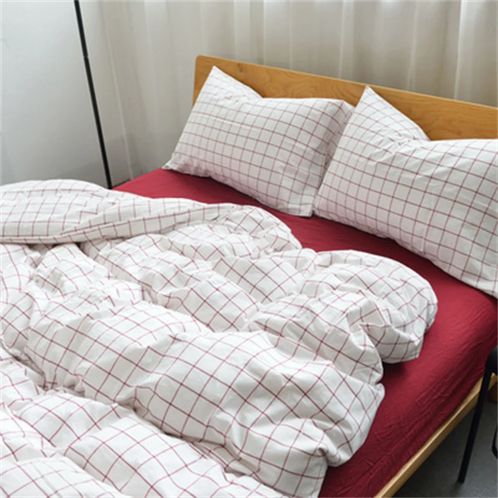 

Nordic Simple Bed Linens Duvet Cover Cotton Bedding Set 4PC Solid Color Bed Cover Bed Sheets Japanese-style Lattice Bedding