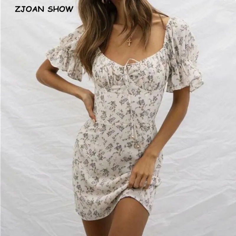 

Женское мини-платье с цветочным принтом, короткое праздничное платье во французском ретро-стиле с открытой спиной, V-образным вырезом, завяз...
