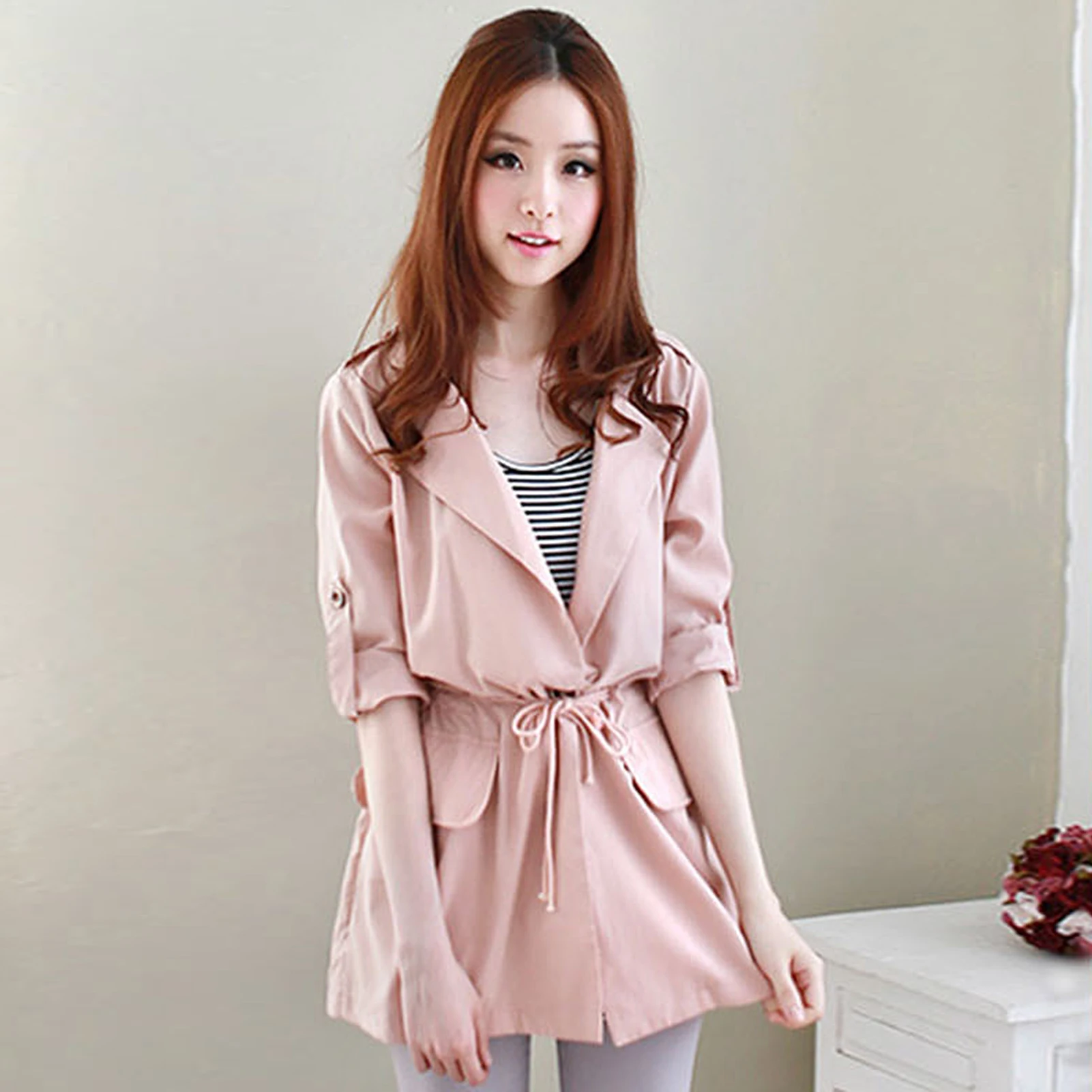 

Women Casual Mid-length Waist Drawstring Pockets Slim Windbreaker Trench Coat